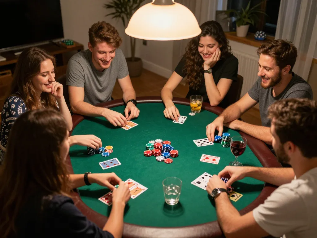 Friends enjoying a lively poker game at home while using Iwinclub to enhance their gameplay strategy