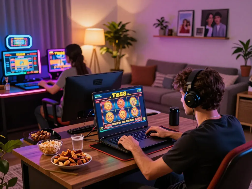 Engaging gaming experience at tg88.cash with a player immersed in online slot games and cozy surroundings.