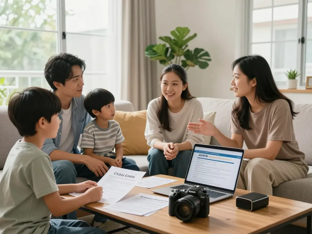 Family evaluating fast cash for homes offer in a cozy living room.