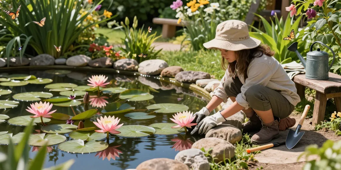 Water lilies blooming in a tranquil garden pond, with a gardener arranging stones nearby.