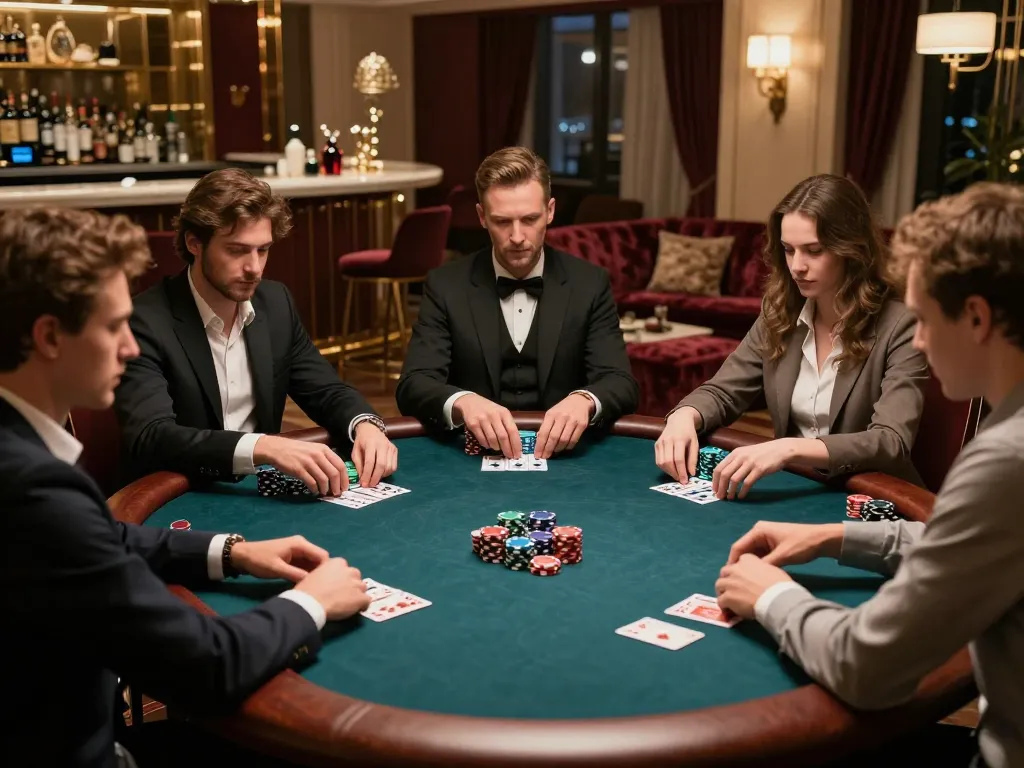 Players strategizing their bets at a poker table in a luxurious setting at 388bet casino.