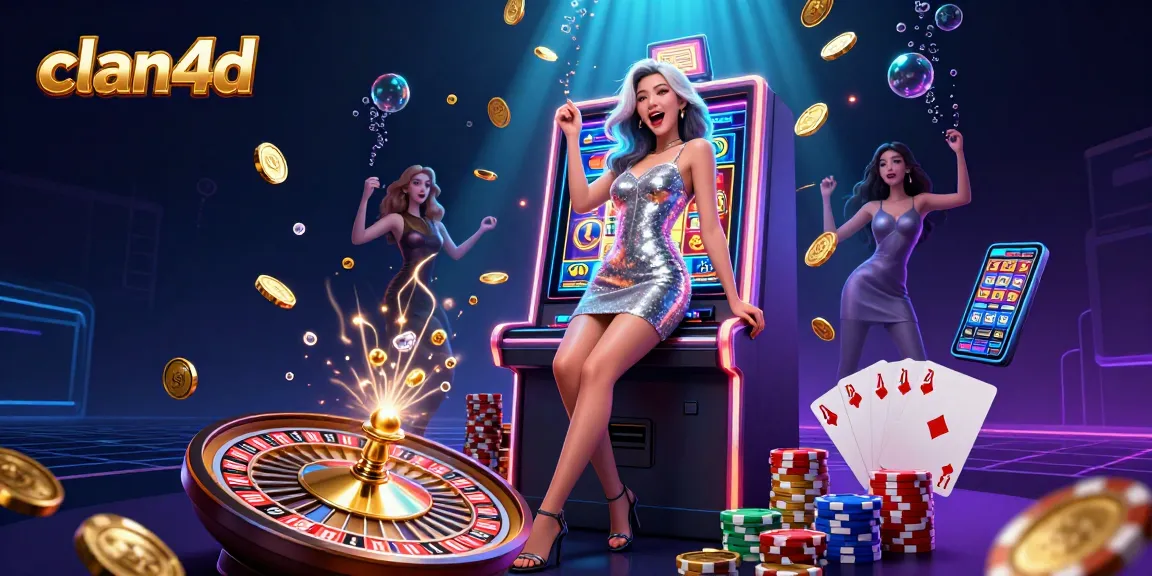 Spin and win at clan4d's vibrant slot machine with golden coins flying around in a celebratory casino scene.