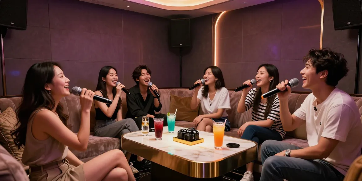 강남가라오케에서 친구들과 함께 노래를 부르고 있는 분위기 좋은 고급 룸