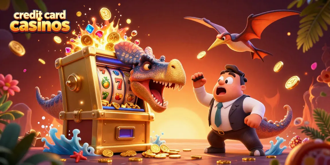 Discover exciting credit card casinos as dinosaurs interact in a vibrant casino world filled with gold coins and slot machines.