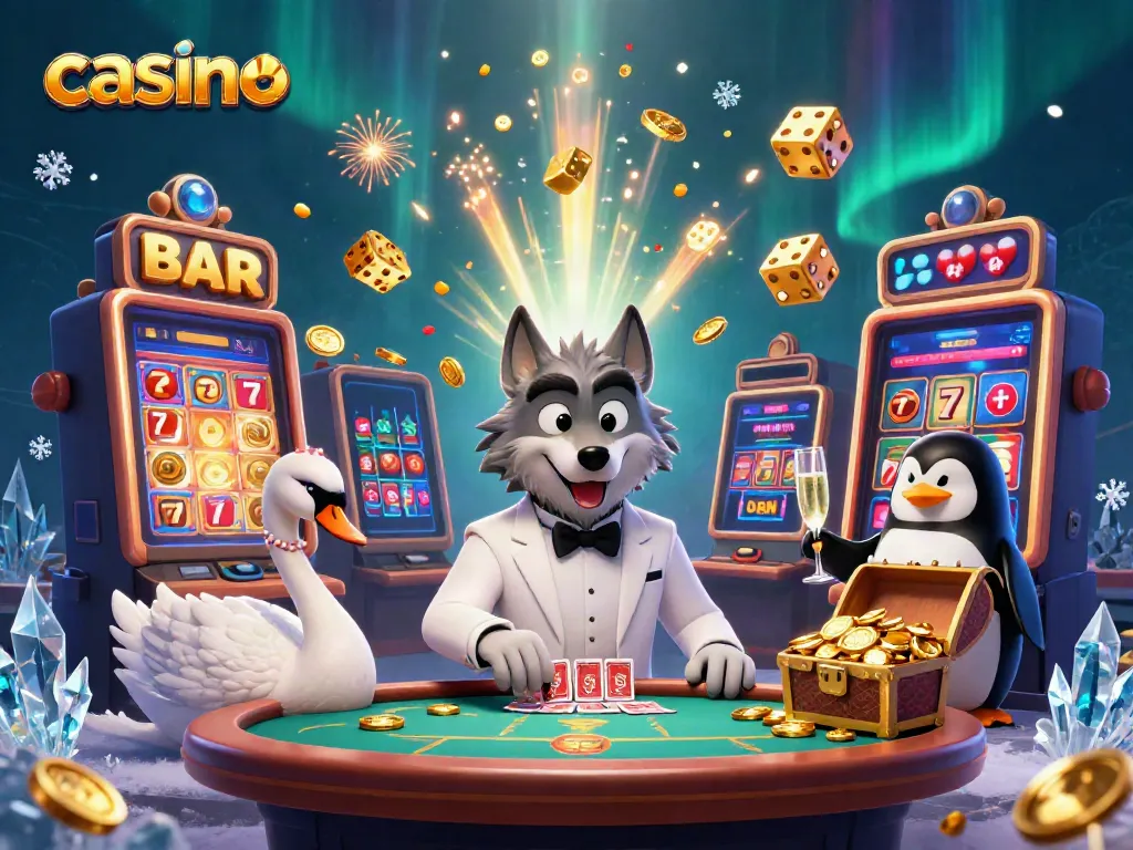 Engage with fun casino games featuring a debonair wolf, swan dealer, and penguin sommelier.