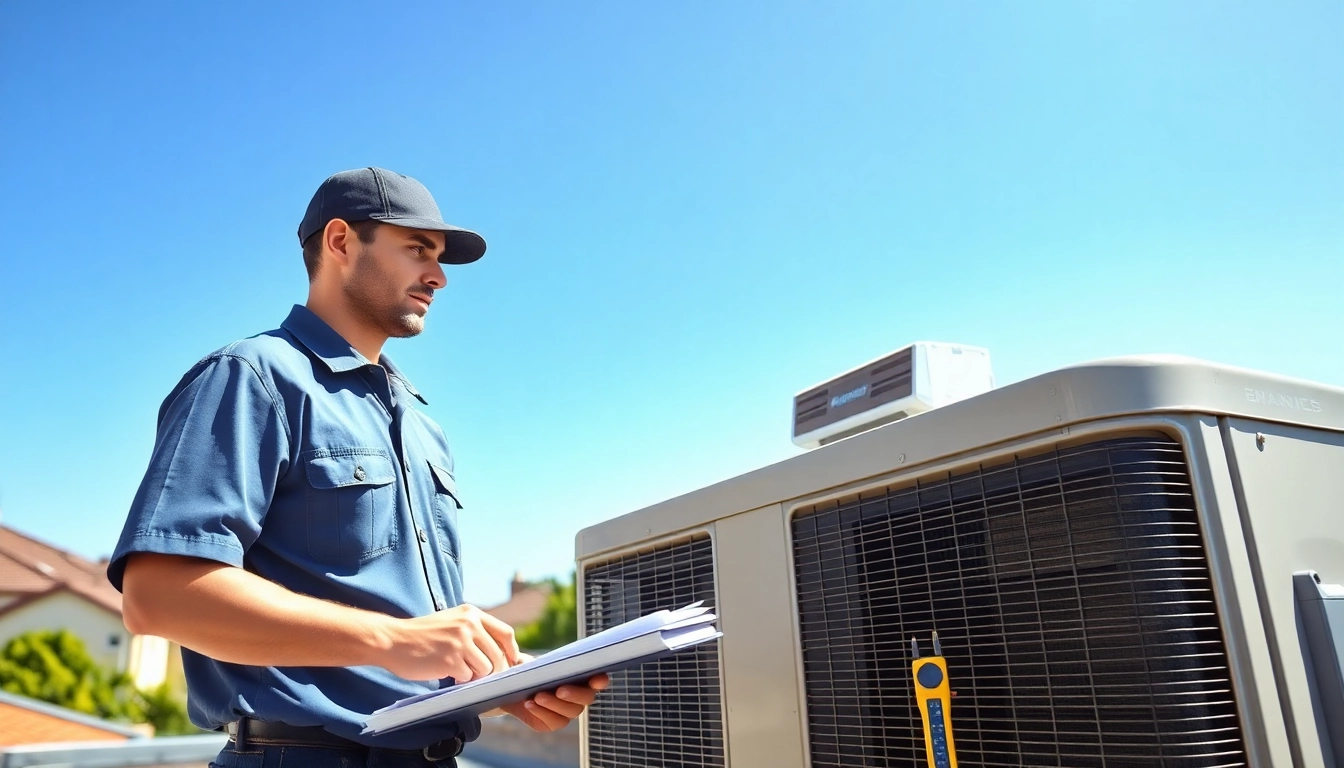 Technician showcasing american standard AC unit features on a sunny rooftop.