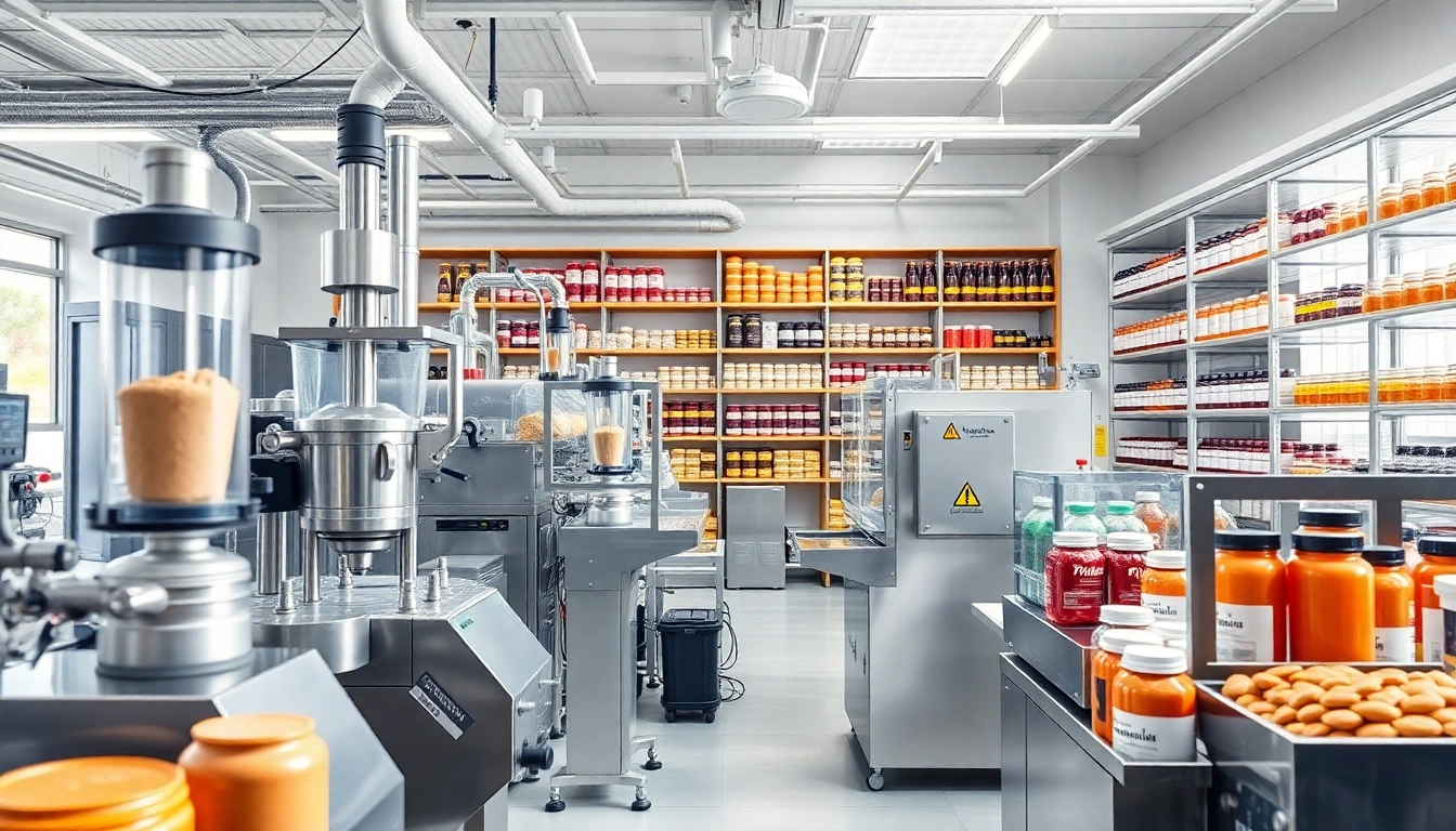 Food supplement manufacturers UK facility with modern machinery and vibrant products.