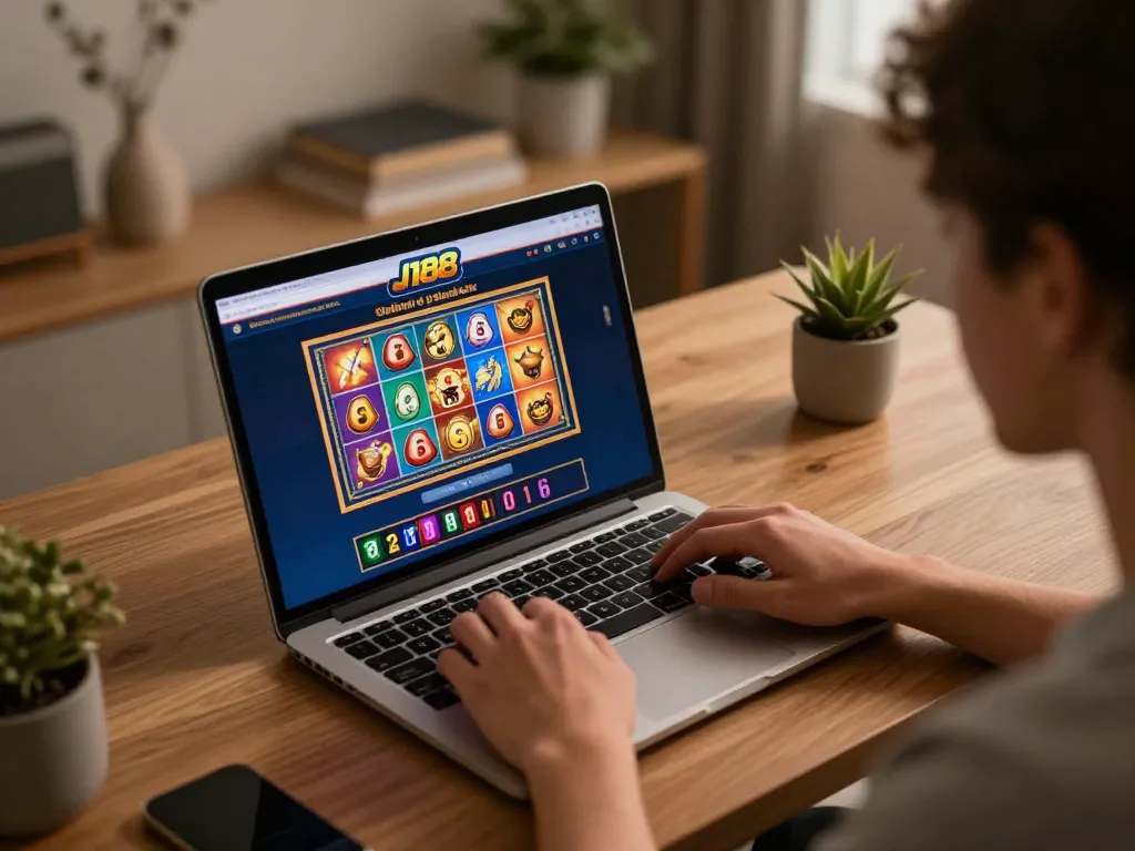 J188 online casino interface displayed on laptop as user plays engaging games.