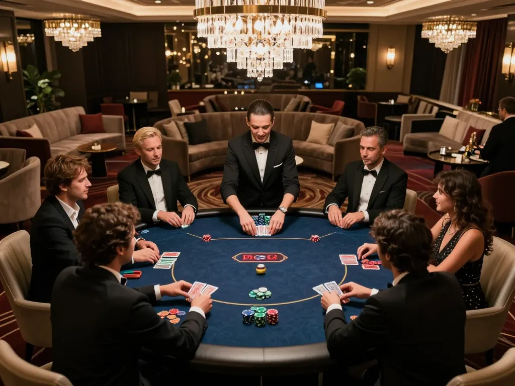 VIP poker game in an upscale lounge setting showcasing skillful play and luxury with vipwin branding.