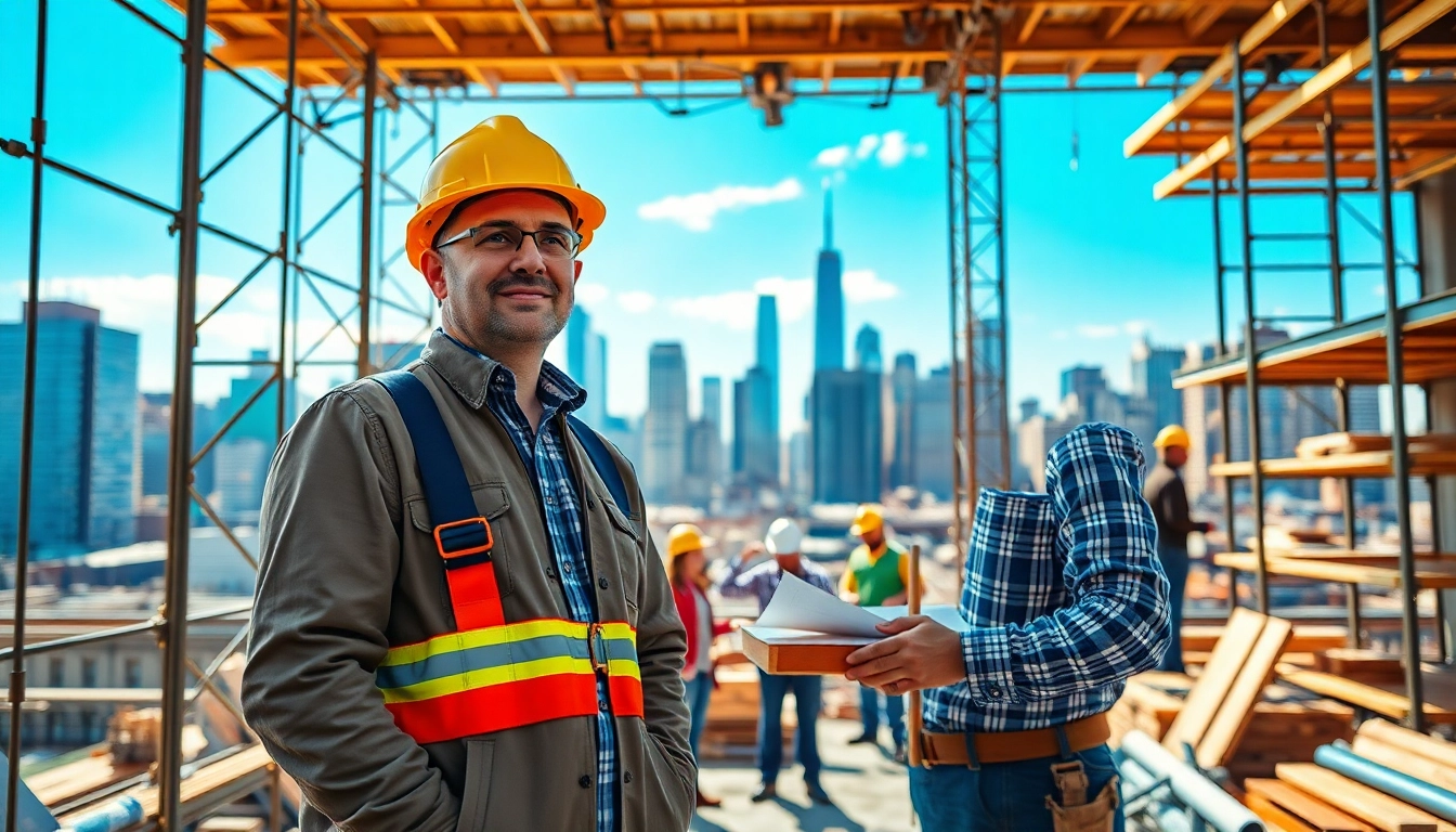 Expert Manhattan General Contractor supervising a vibrant construction site with city skyline backdrop.