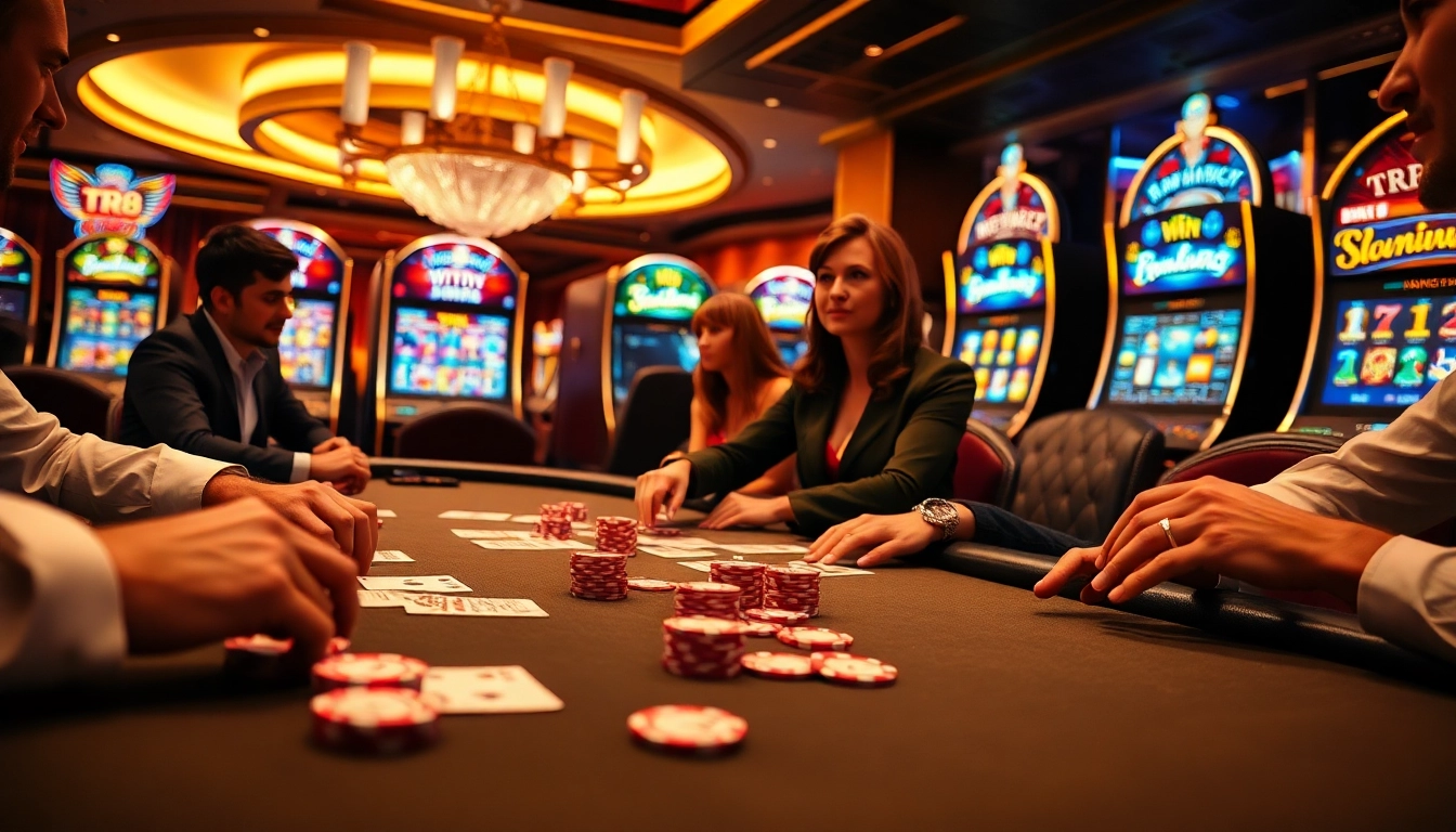 Players at a vibrant poker table experience the thrill of tr88 gambling in a luxurious casino.