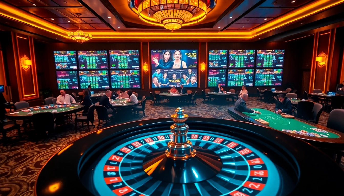 Excited players winning at poker and roulette in a vibrant 98win casino atmosphere.