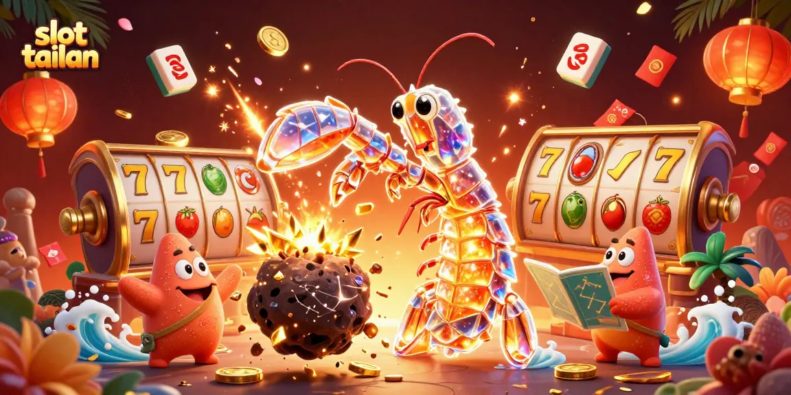 Engage with slot tailan through a vibrant 3D scene of a mantis shrimp and starfish amidst slot game elements.