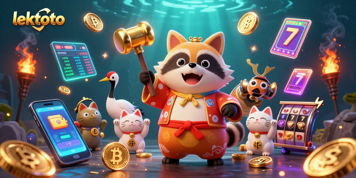 Experience the vibrant world of lektoto with a cheerful tanuki and lucky charms in a dynamic casino-themed 3D illustration.