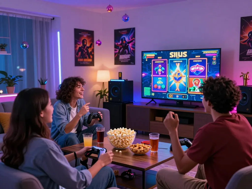 Suasana malam permainan yang mendebarkan menampilkan teman-teman yang menikmati permainan situs slot dengan visual yang berwarna-warni dan camilan.
