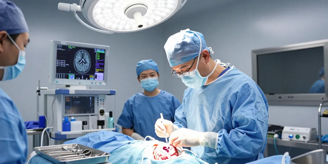 Beyin ameliyatı in progress, showcasing a neurosurgeon delicately operating on a brain tumor with high-tech equipment.