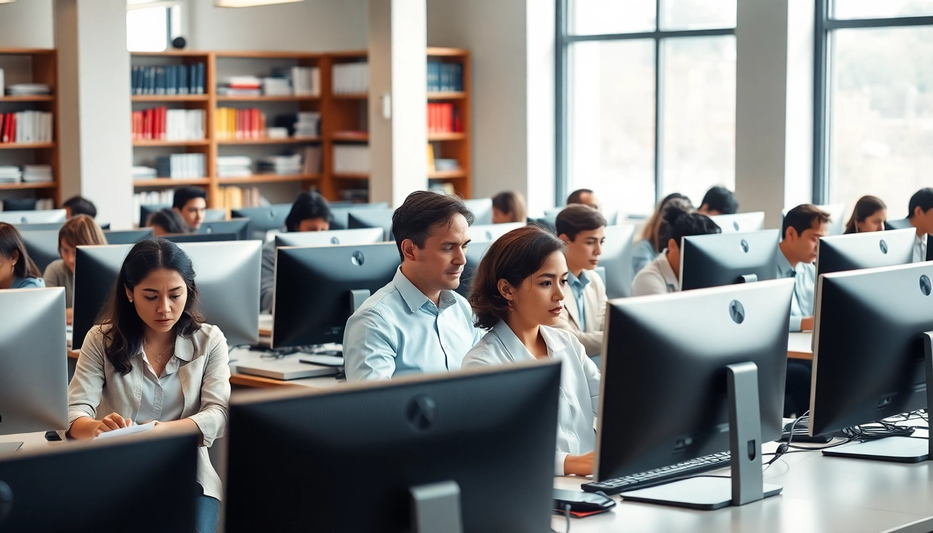 Engaged professionals at a typing center, exemplifying productivity and focus in a bright environment.