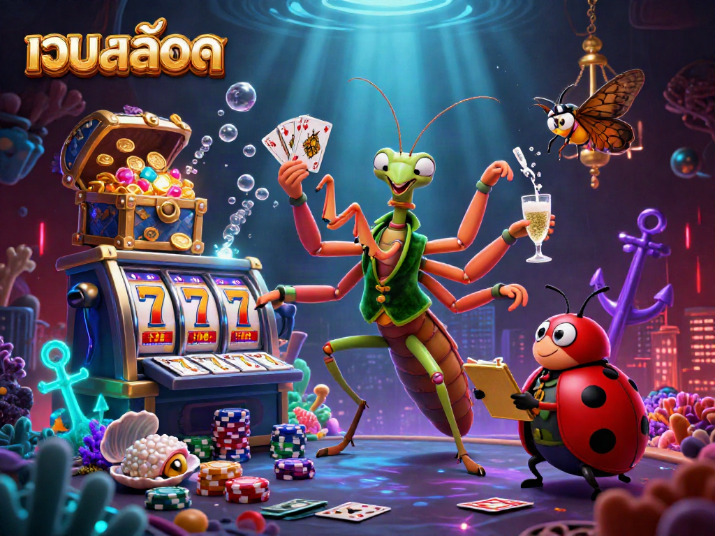 Engage in เว็บสล็อต gaming excitement with a vibrant 3D casino scene featuring daring characters.
