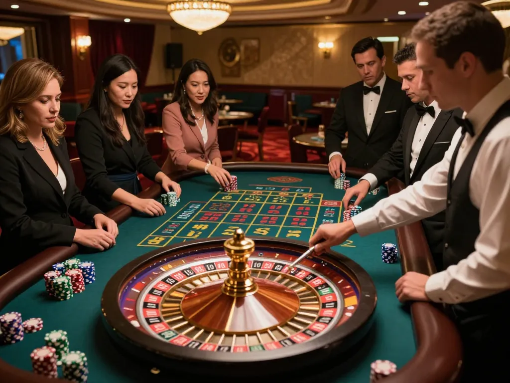 Experience the thrill of sc88 at an upscale roulette table with players engaging in strategic bets.