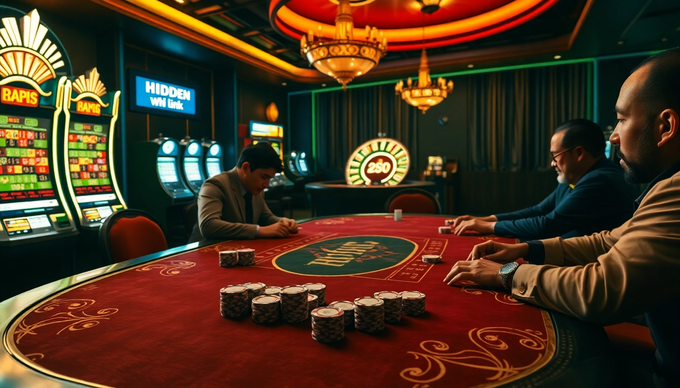 Engaging poker players at a luxurious casino table showcasing a hidden wiki link on a laptop.