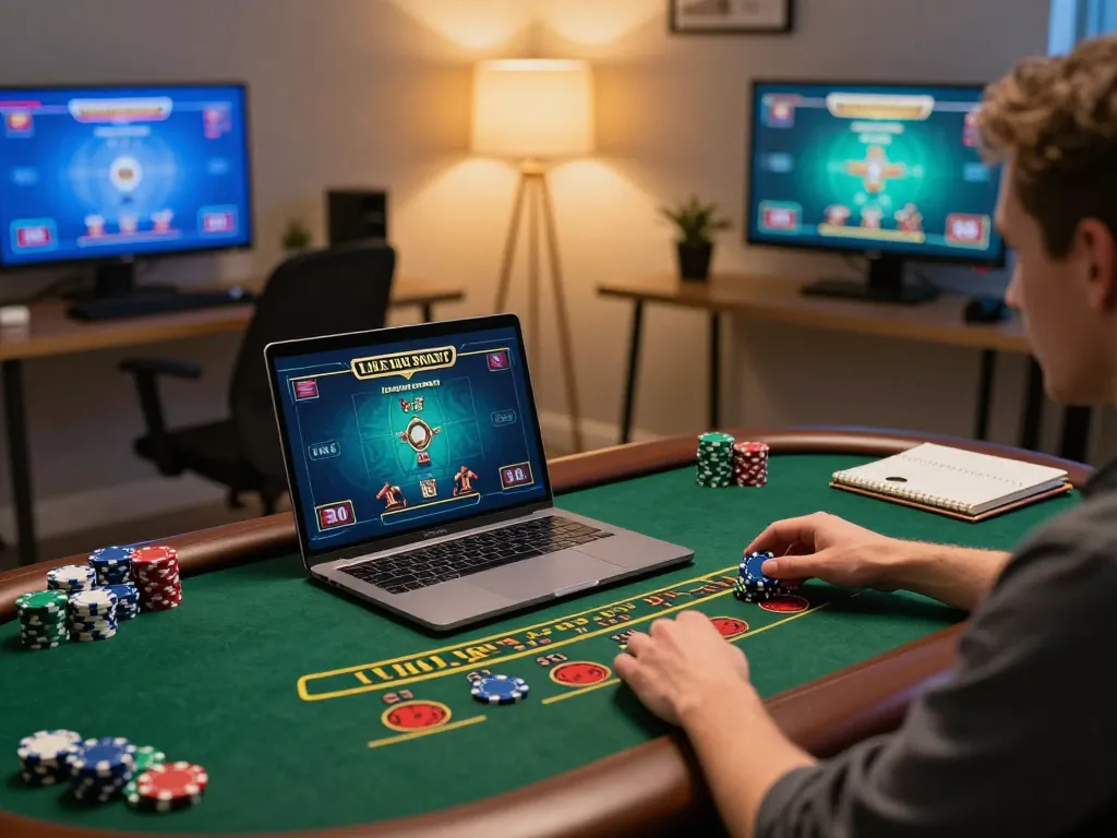 Engaging in live dealer blackjack on a laptop at home, featuring link rr88 and chips, showcasing online casino gaming.