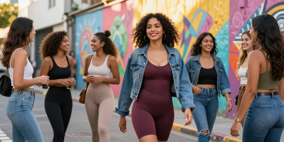 Orang-orang berpakaian Colombian Shapewear Galess dari https://colombianshapeweargaless.com berpose di jalan kota yang cerah, menunjukkan gaya dan kepercayaan diri mereka.