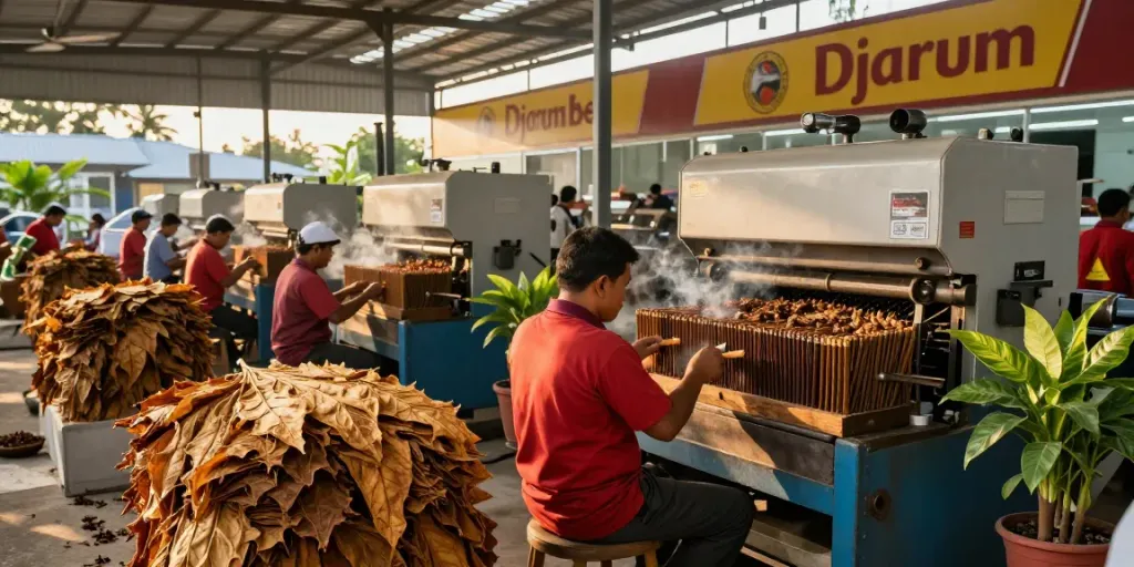 Djarum Bos factory showcasing quality control in the Indonesian tobacco industry with workers inspecting clove cigarette production.