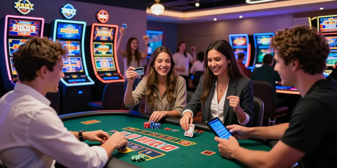 Exciting gaming experience at a credit card casino with players enjoying games and making deposits, reflecting vibrant casino atmosphere with diverse characters.