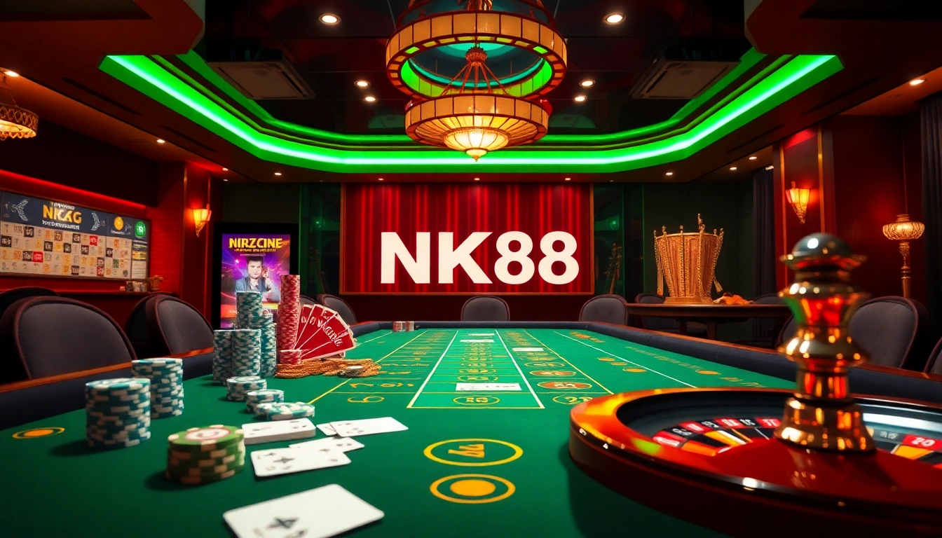 Engage in thrilling NK88 casino gameplay with vibrant poker chips and roulette wheels.