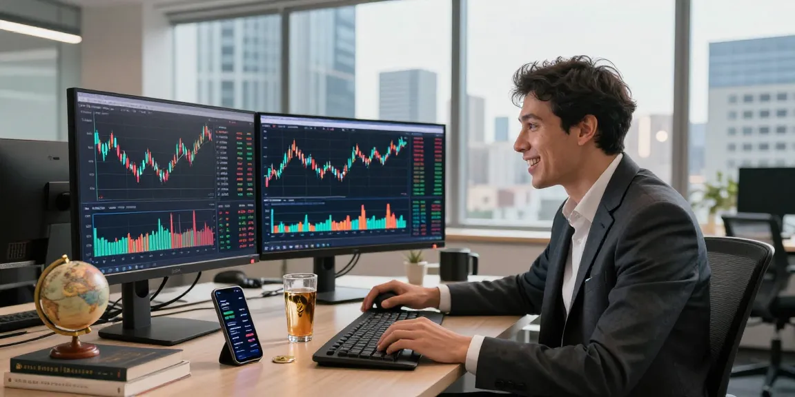 Trader analyzing Ethereum price live charts in a modern office with vibrant market data.
