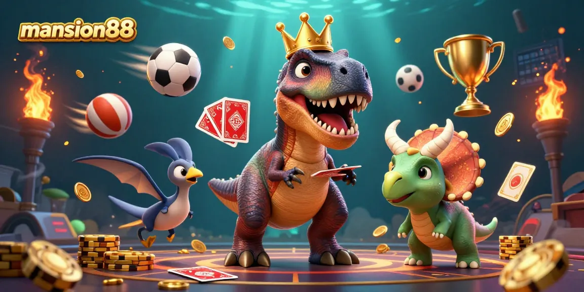 Bet on mansion88 with an engaging and dynamic casino scene featuring colorful characters and sports elements.