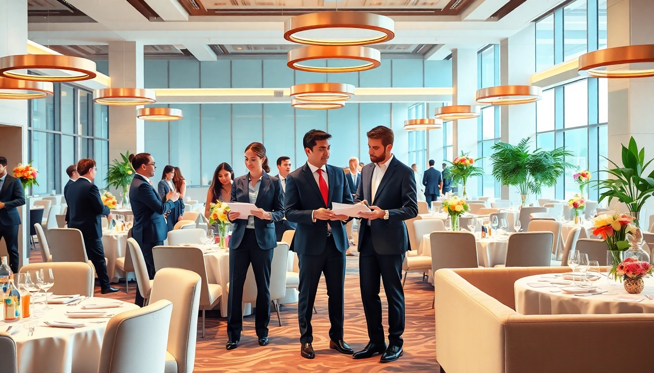 Engaged corporate event planners efficiently organizing a business event setup.