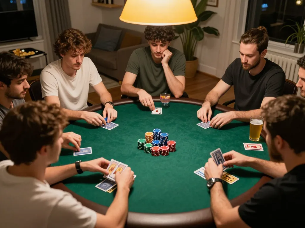 56WIN poker night with friends focused on gameplay, colorful chips and cards displayed