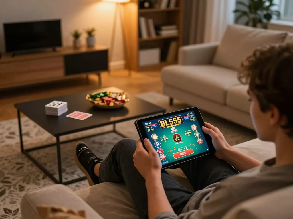 Engaging in online gambling at BL555 on a tablet in a cozy home setup, showcasing excitement and strategy.