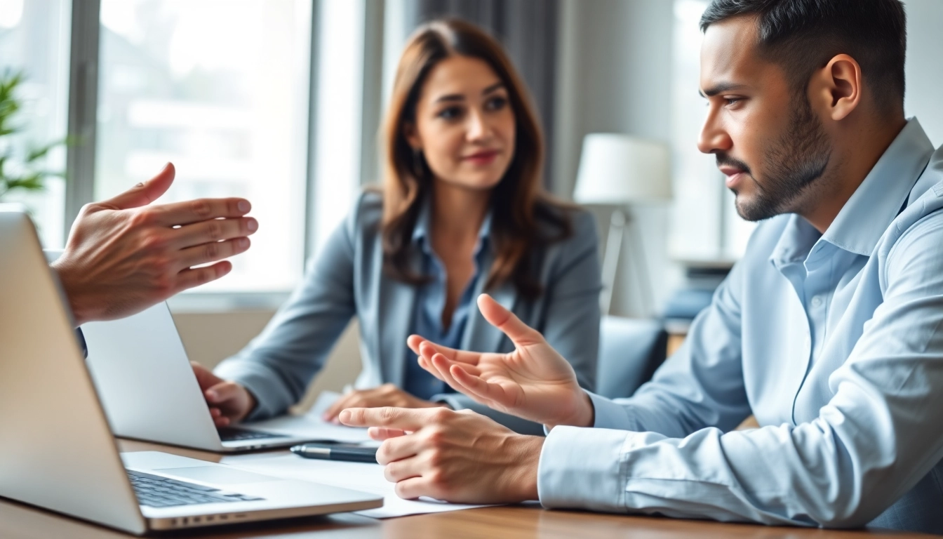 Couple engaging in discussions on Family Law Financial Agreements in a modern office setting.