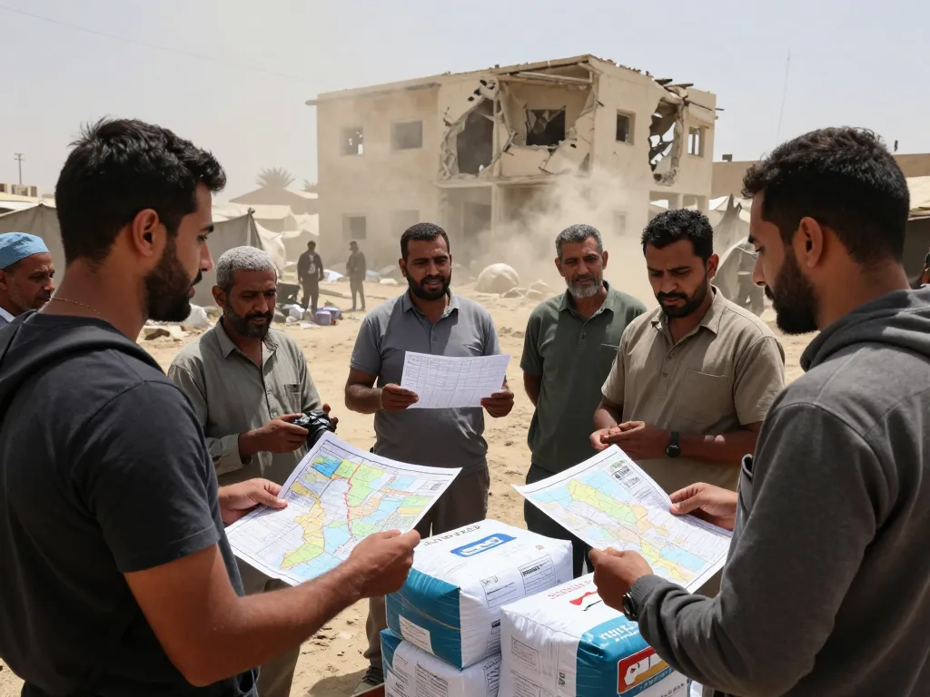 Humanitarian workers strategizing aid efforts amid Yemen Houthis conflict, showcasing the crisis atmosphere.