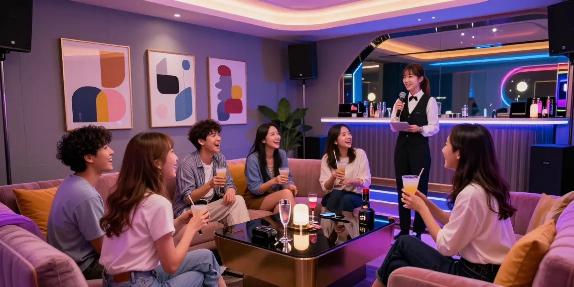 강남쩜오에서 프리미엄 가라오케를 즐기는 고객과 전문 직원이 어우러진 화려한 공간