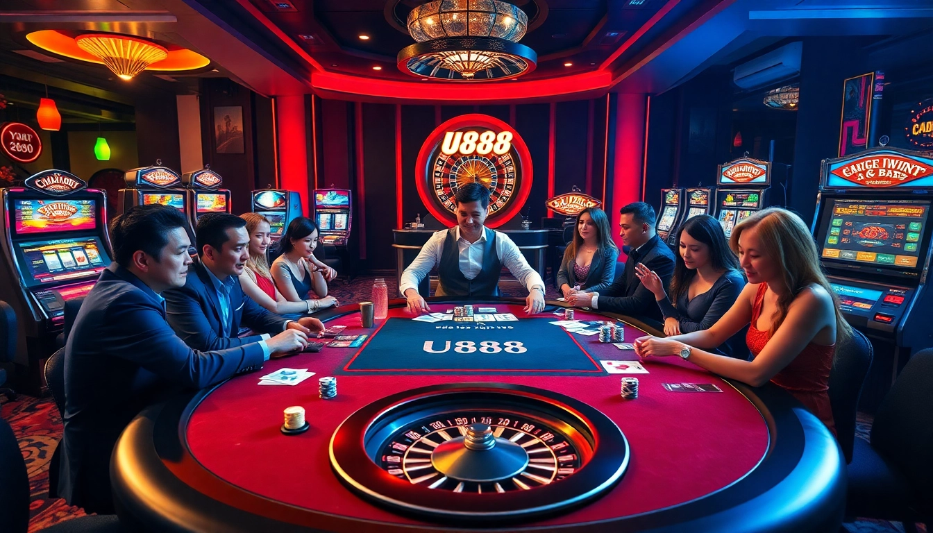 U888 players enjoying an exciting game of poker in a lively casino atmosphere.
