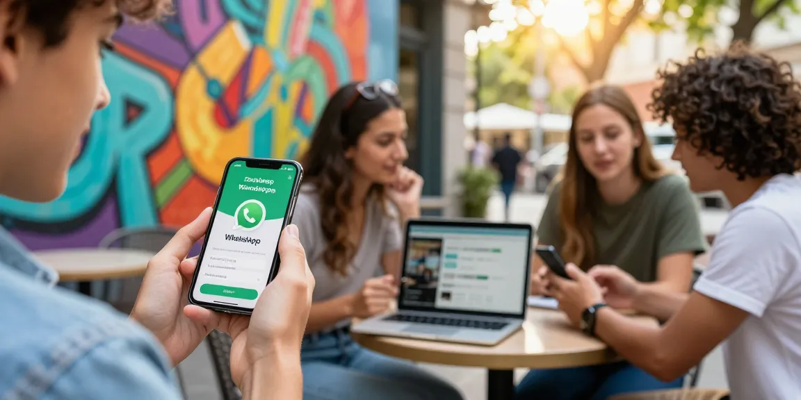 Person demonstrating WhatsApp下載 on a smartphone in a lively café setting, showcasing app features.