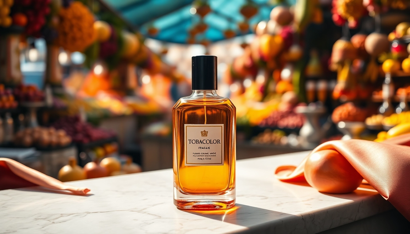 Highlight "Tobacolor" fragrance with a luxurious ambiance set against a vibrant bazaar backdrop.