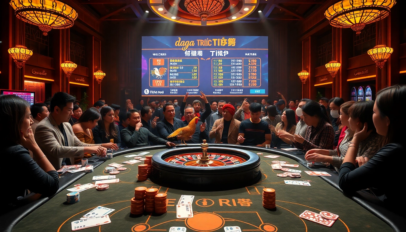 Experience daga trực tiếp at a luxurious casino scene with betting tables, excited gamblers, and digital scoreboards.