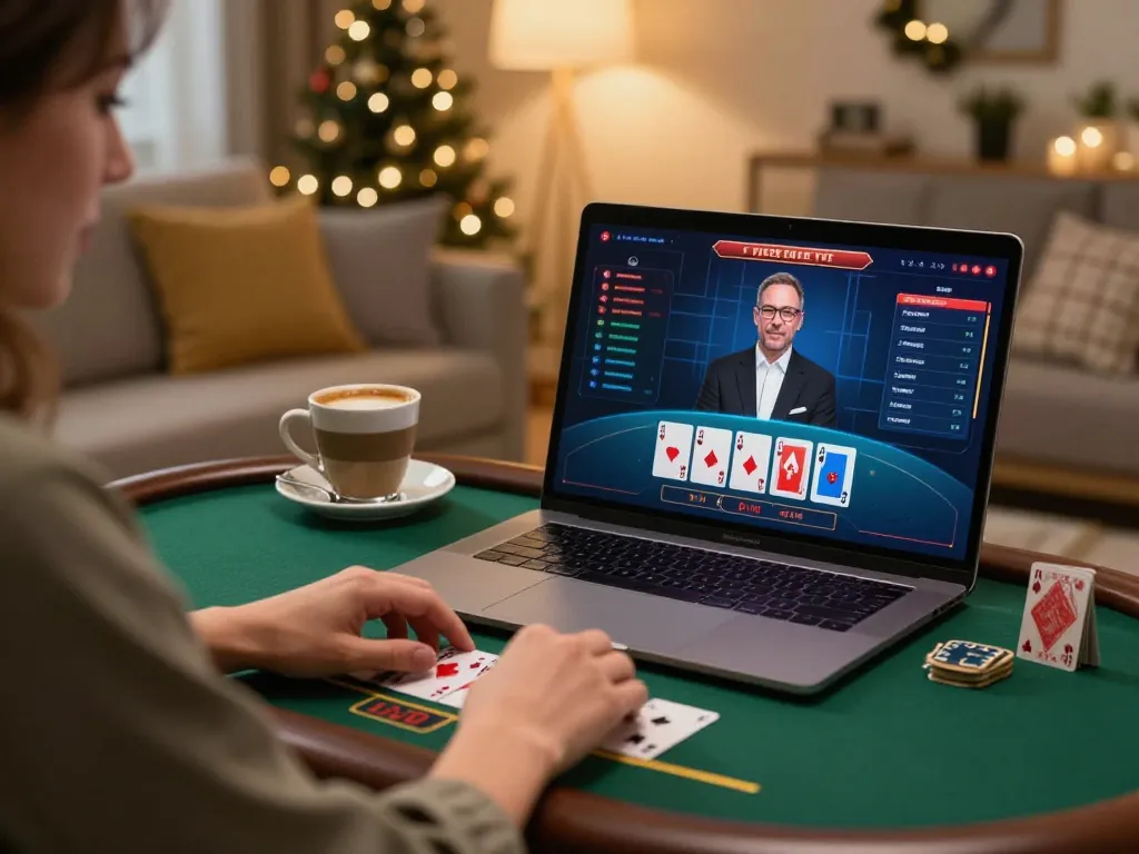 Player enjoying blackjack on alexis77 online platform with live dealer in cozy home setting.