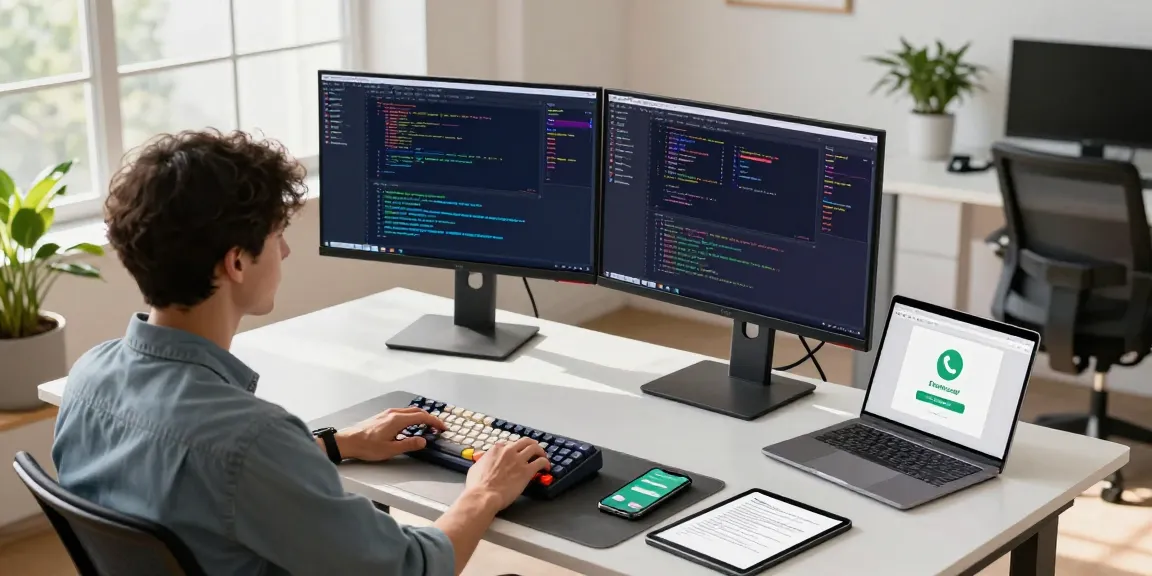 Developer focused on WhatsApp下載 on dual monitors in a modern office