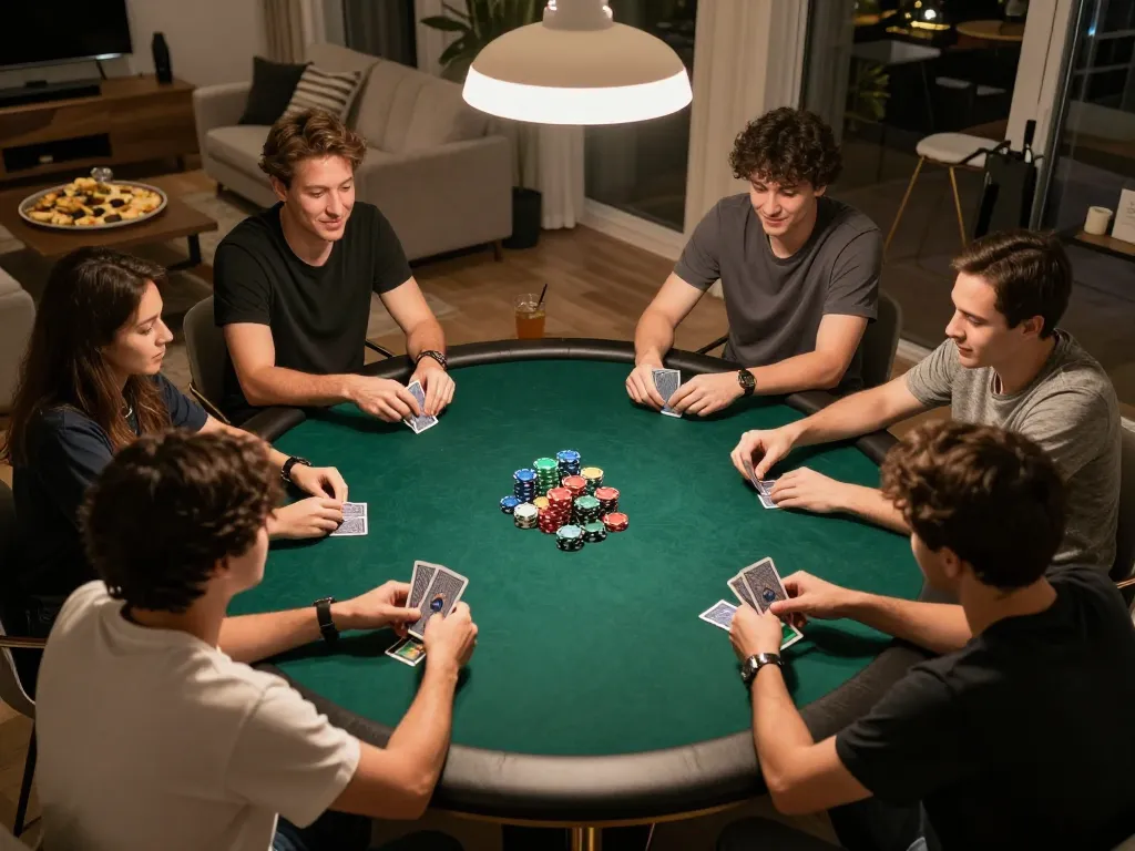 Kèo nhà cái utilized in an engaging poker night at home, showcasing players immersed in strategic gameplay and camaraderie.