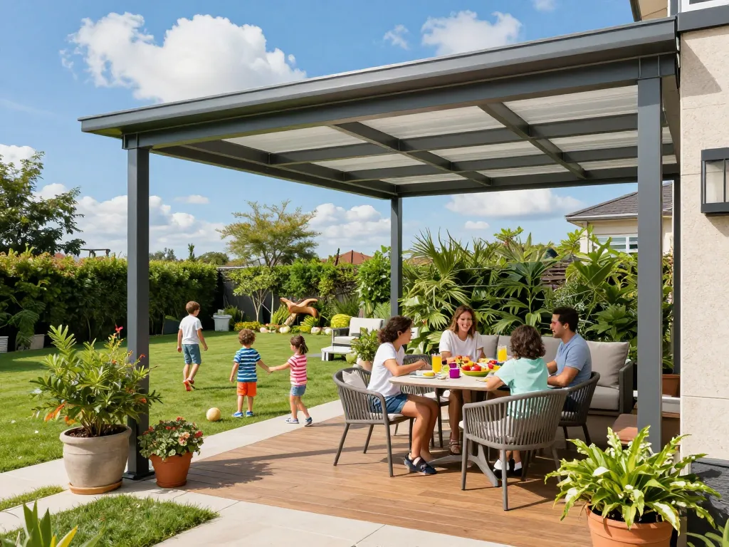 Stilvolle Aluminium-Terrassenüberdachung in einem sonnigen Garten mit einer Familie, die die Entspannung im Freien genießt.