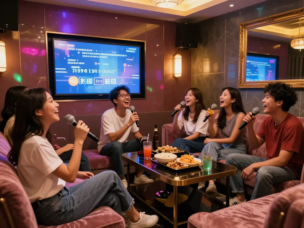 부평쓰리노에서 노래방을 즐기고 있는 친구들, 생동감 넘치고 음료가 가득한 프라이빗 룸의 활기찬 분위기.