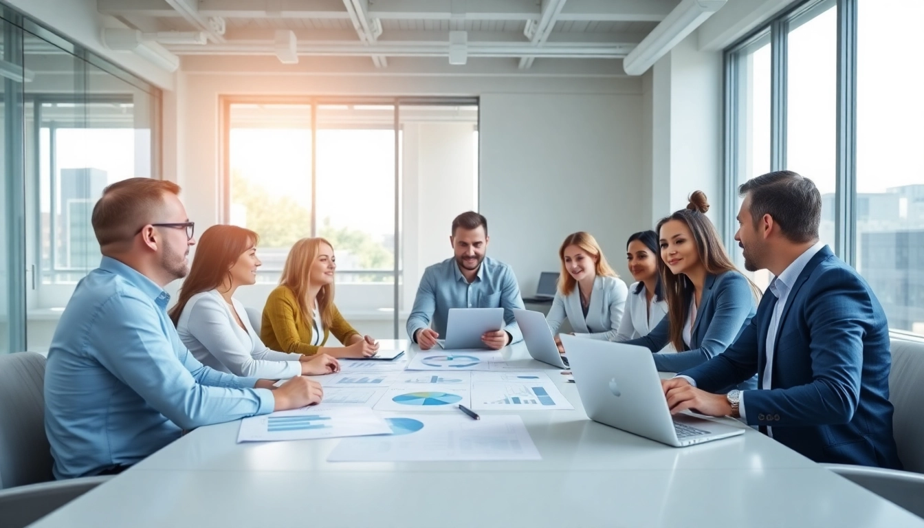 Engage in effective group management with a diverse team in a modern office setting.
