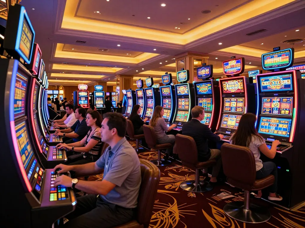Players enjoying slot gacor hari ini at vibrant casino machines amid glowing lights.
