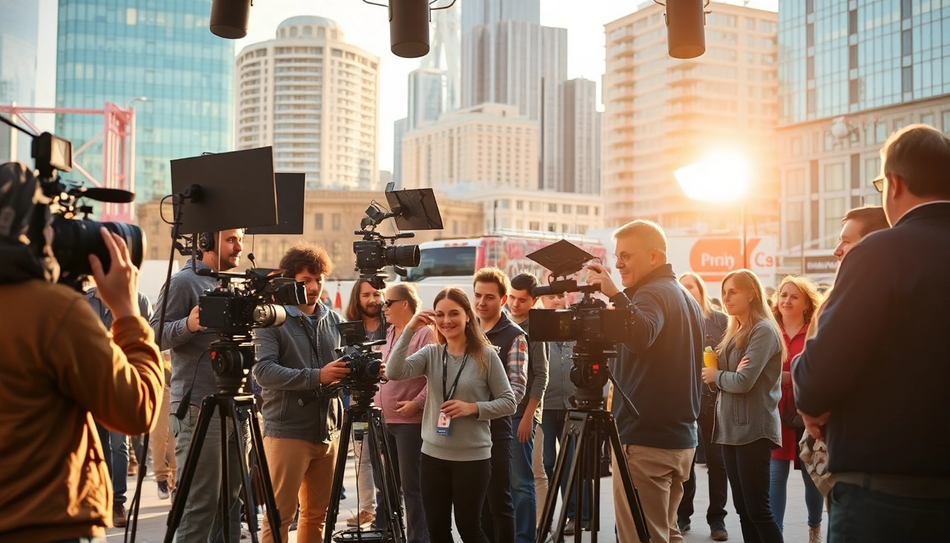 Collaboration among edmonton production companies on a busy film set showcasing teamwork.
