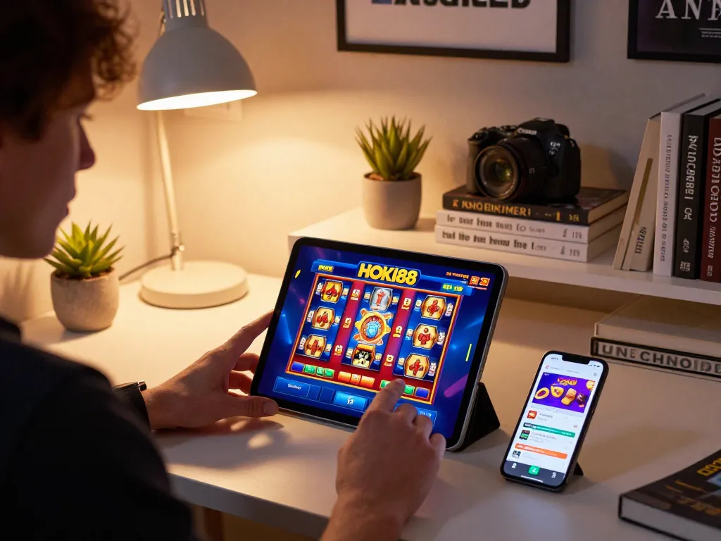 Terlibat dalam permainan slot online HOKI88 dengan tablet, menunjukkan lingkungan permainan yang imersif.